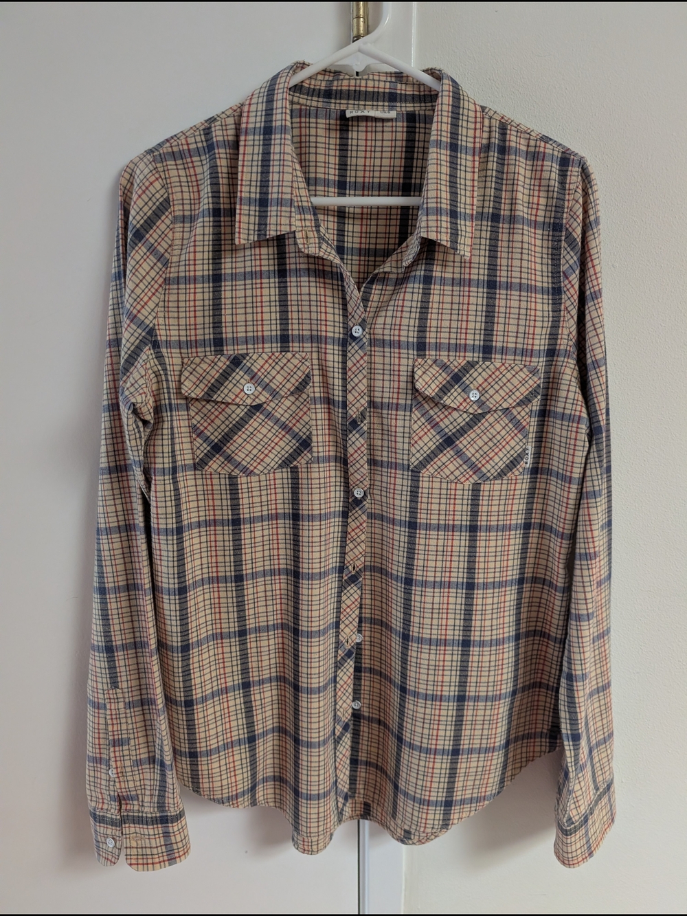 Womens Beige Plaid Button-Up Shirt - Casual Long Sleeve